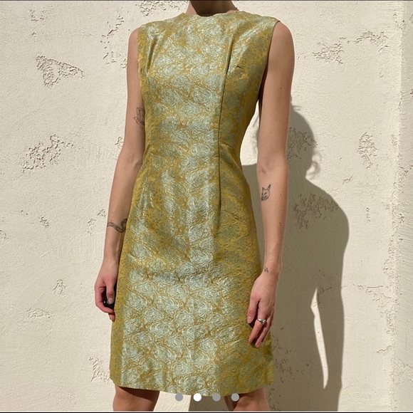 Vintage 1960s turquoise and gold jacquard dress - Picture 1 of 8